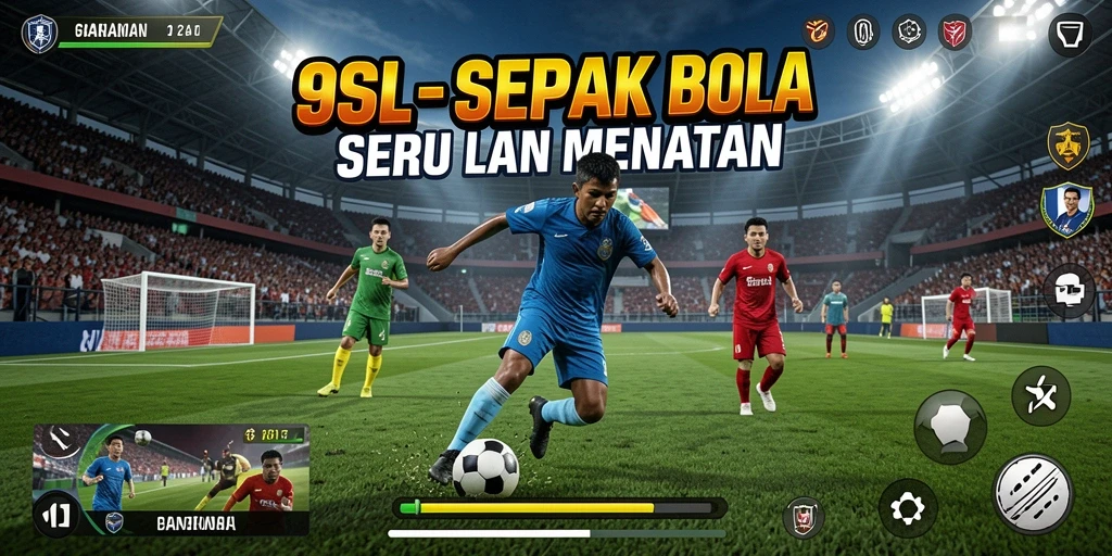 Screenshot utama 9SL menampilkan aksi seru di lapangan sepak bola.