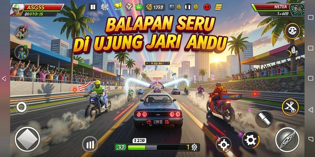 Screenshot ASG55 menampilkan jalur balapan yang mendebarkan dan mobil berkecepatan tinggi.