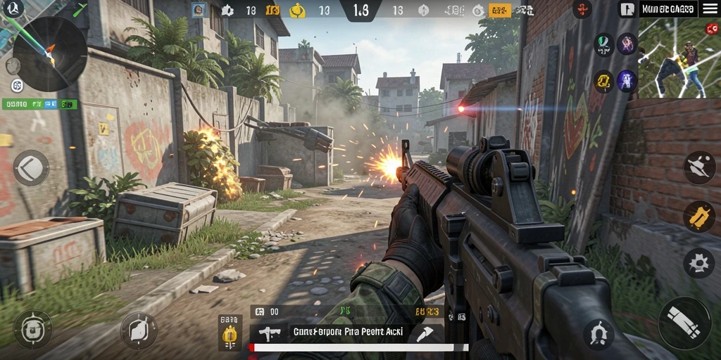 Screenshot permainan CERIA33 yang menunjukkan aksi mendebarkan dalam pertempuran FPS.