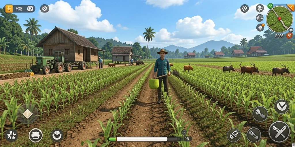 Gameplay F08 menampilkan peternakan virtual yang hidup dan interaktif.