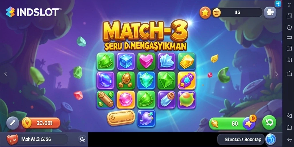 Tangkapan layar menunjukkan gameplay seru di INDSLOT dengan pengalaman Match-3 yang menarik.