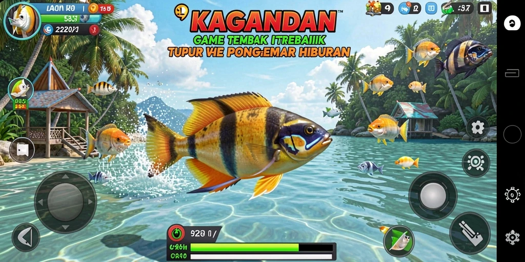 Tampilan gameplay seru dalam KAGANDAN dengan ikan beragam.