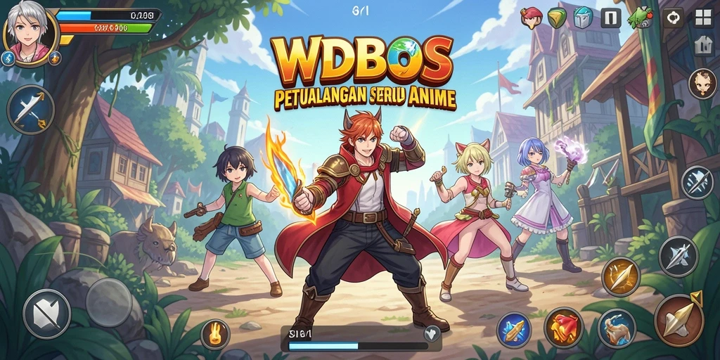 Tangkapan layar utama WDBOS menunjukkan karakter anime beraksi di medan perang.